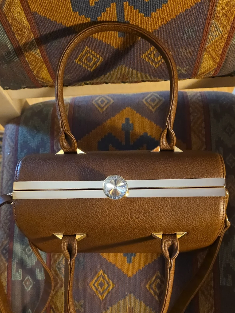 La Terre Fashion Vegan Leather Brown Satchel Handbag Rhinestone Clasp With Strap